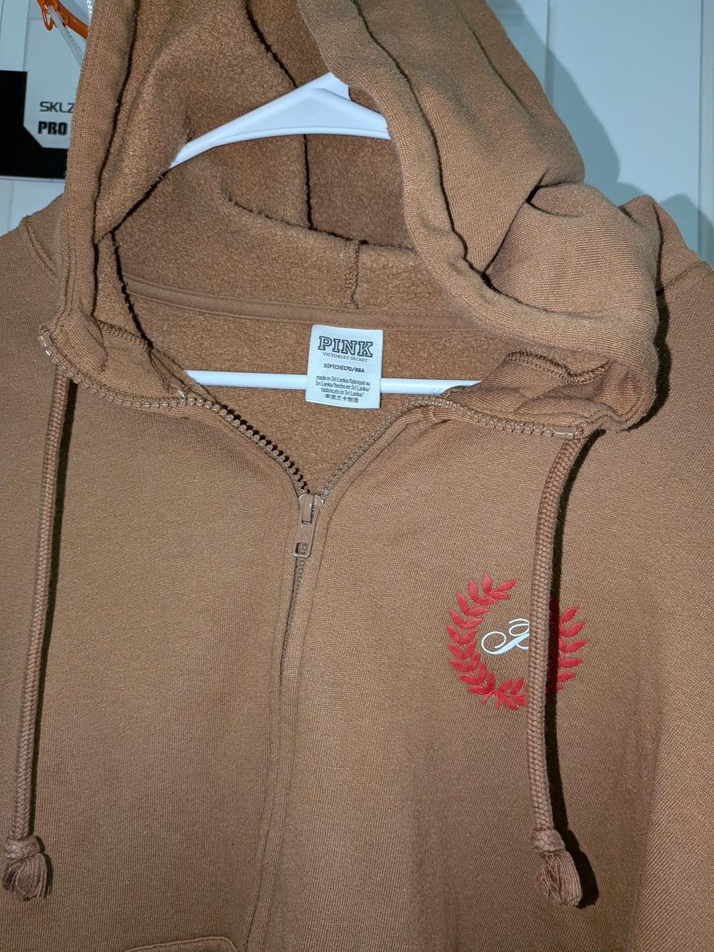 PINK Victoria's Secret Women's Brown Zip-Up Hoodie with Red Embroidered Crest
